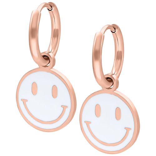 Weißer Smiley-Ohrring aus Roségold-Chirurgenstahl auf weißem Hintergrund