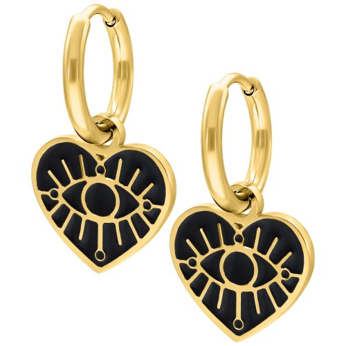 Goldene Ohrringe mit Herzanhänger und Augenmotiv, glänzend