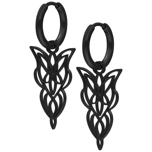 Schwarze Ohrringe aus Chirurgenstahl mit filigranem Design auf weißem Hintergrund