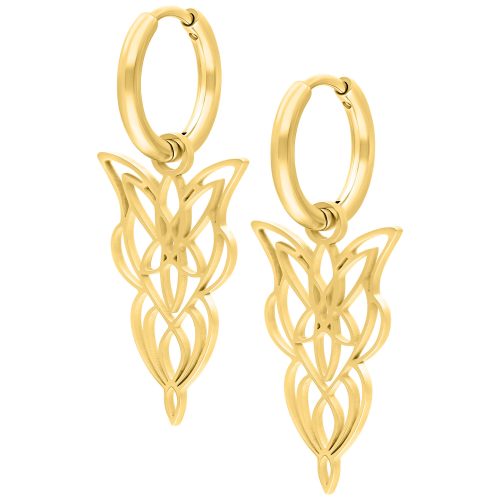 Zwei goldene Little Elves Hoops Ohrringe mit filigranem Design auf weißem Hintergrund