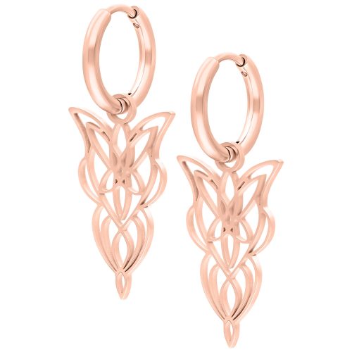 Roségoldene Ohrringe mit filigranem Design auf weißem Hintergrund