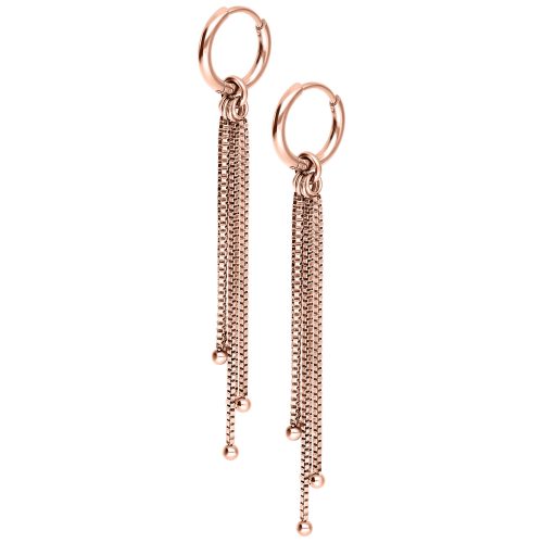 Roségoldene Ohrringe mit venezianischer Kette und Klappverschluss auf weißem Hintergrund