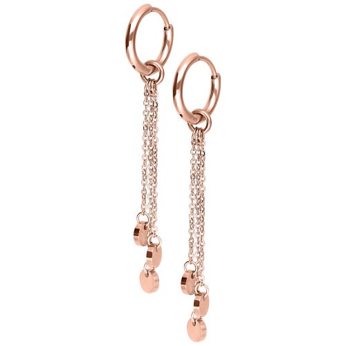 Paar roségoldene Ohrringe mit Kettendetails auf weißem Hintergrund
