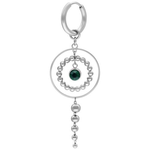 Elegante silberne Ohrringe mit smaragdgrünem Kristall und Perlenanhänger auf weißem Hintergrund