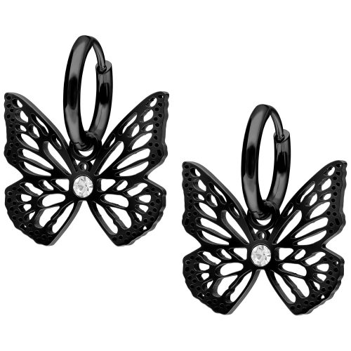 Schwarze Ohrringe mit Schmetterlingsanhänger aus Chirurgenstahl, glänzende Oberfläche