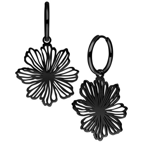 Schwarze Ohrringe in Blumenform aus Chirurgenstahl auf weißem Hintergrund