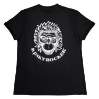 Schwarzes Baumwollshirt mit weißem Affen-Print und Kinky Rocker-Schriftzug