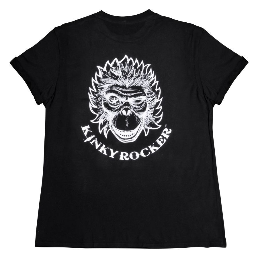 Schwarzes Baumwollshirt mit weißem Affen-Print und Kinky Rocker-Schriftzug