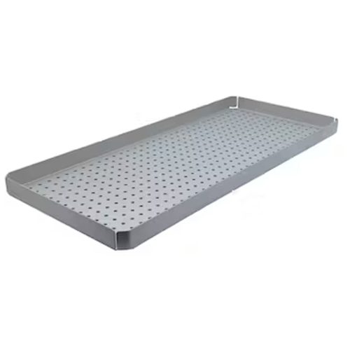 Graues, rechteckiges Tablett aus Metall mit Löchern, Maße 42x19cm