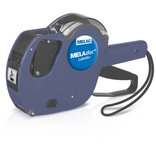 Blauer MELAdoc Labeller mit ergonomischem Griff auf weißem Hintergrund
