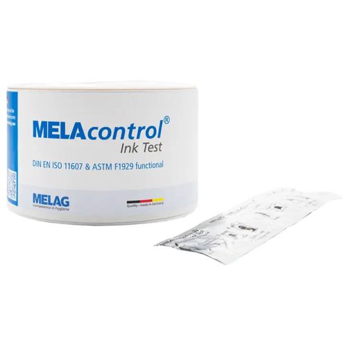 MELAcontrol Ink Test Rolle und verpacktes Testset auf weißem Hintergrund