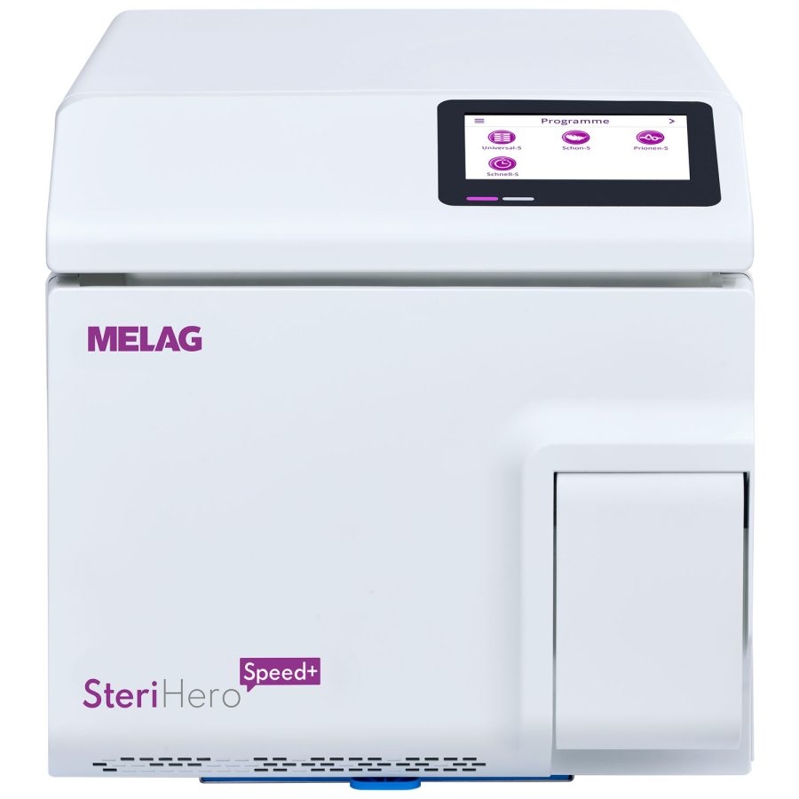 Weißer SteriHero Speed+ Sterilisator mit digitalem Display auf neutralem Hintergrund