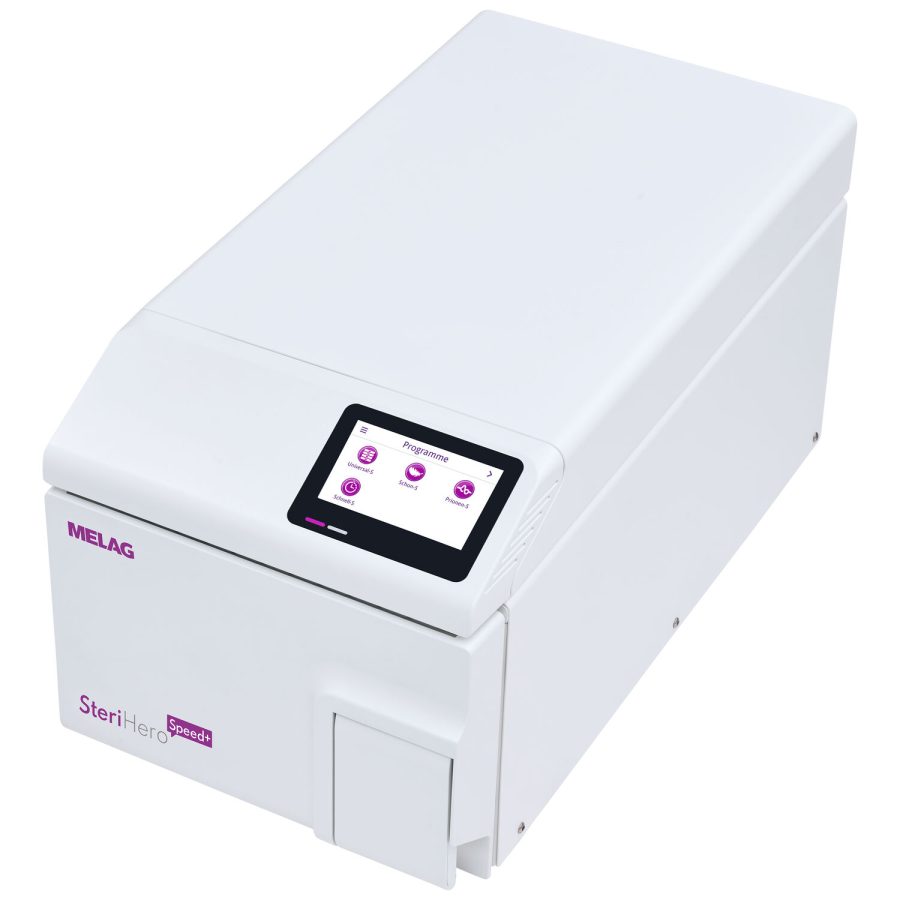 Weißer Sterilisator SteriHero Speed+ von Melag auf weißem Hintergrund
