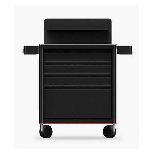 Schwarze Tattoo Workstation aus Aluminium mit Rollen auf weißem Hintergrund