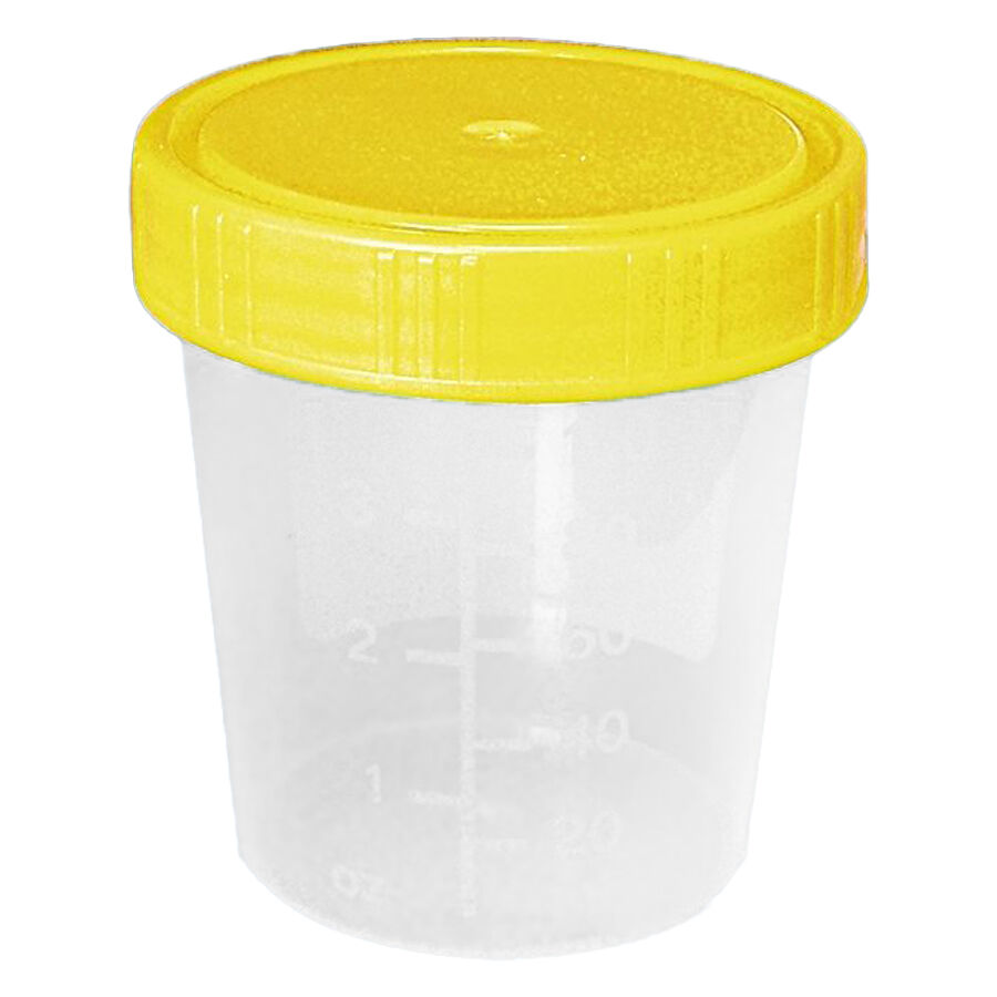 Steriler Becher 100ml, transparenter Körper mit gelbem Deckel