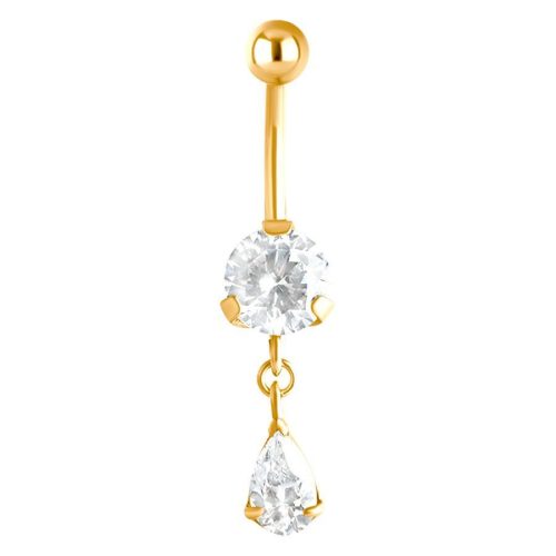 Goldenes Bauchnabelpiercing mit klaren Kristallen auf weißem Hintergrund