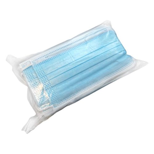 Stapel blaue Einweg-Gesichtsmasken in transparenter Verpackung