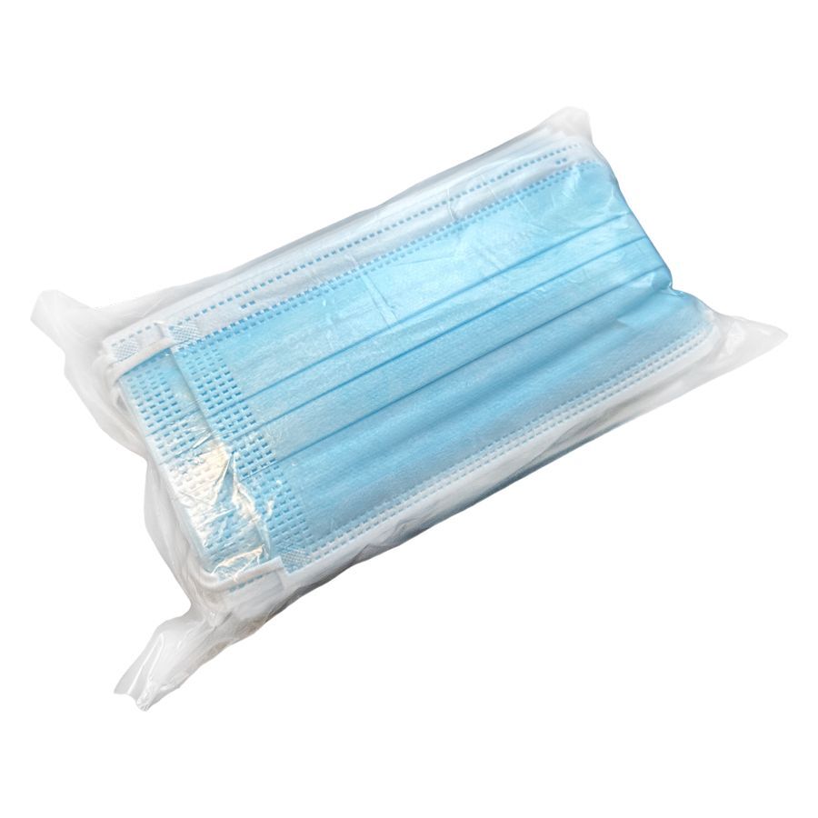 Stapel blaue Einweg-Gesichtsmasken in transparenter Verpackung