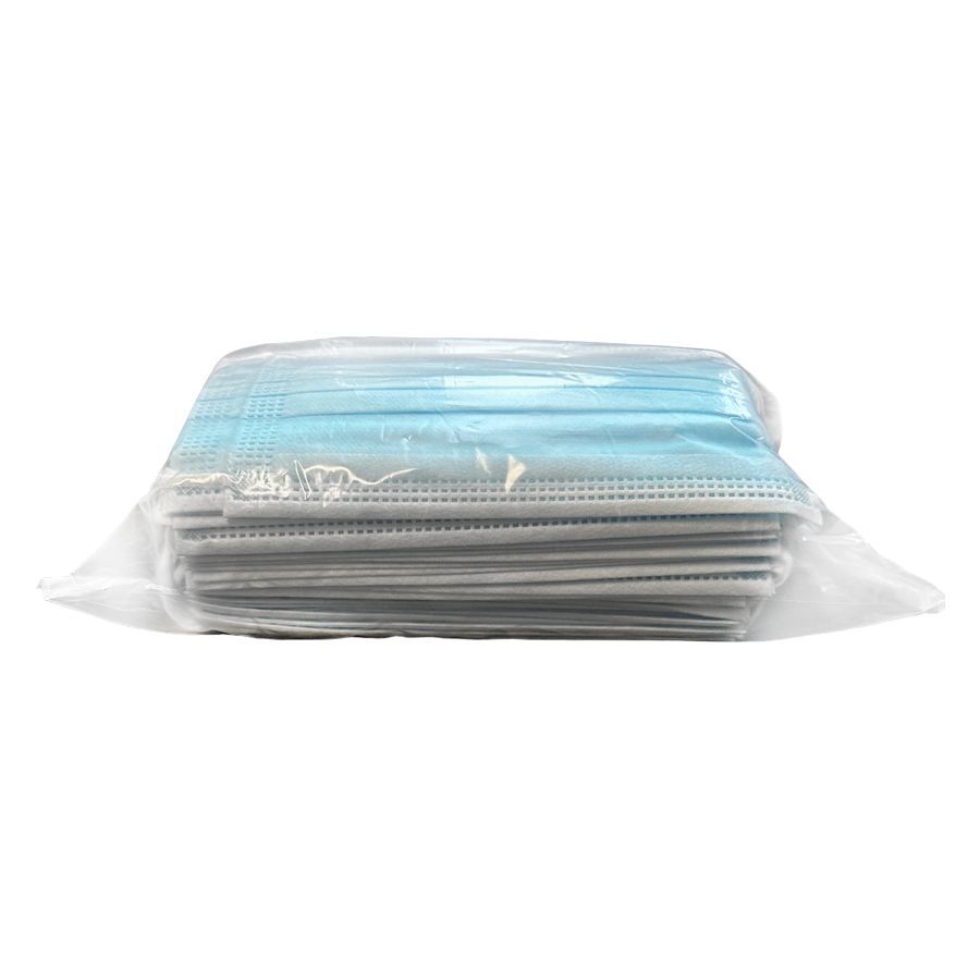 Blau verpackte Einweg-Gesichtsmasken, 50 Stück in transparenter Kunststoffverpackung