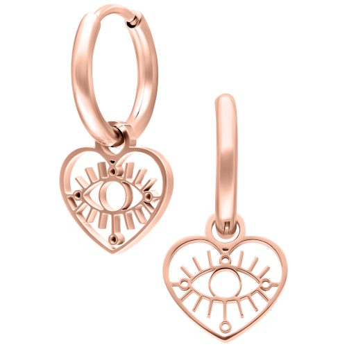 Zwei roségoldene Creolen mit herzförmigem Anhänger und Auge, auf weißem Hintergrund