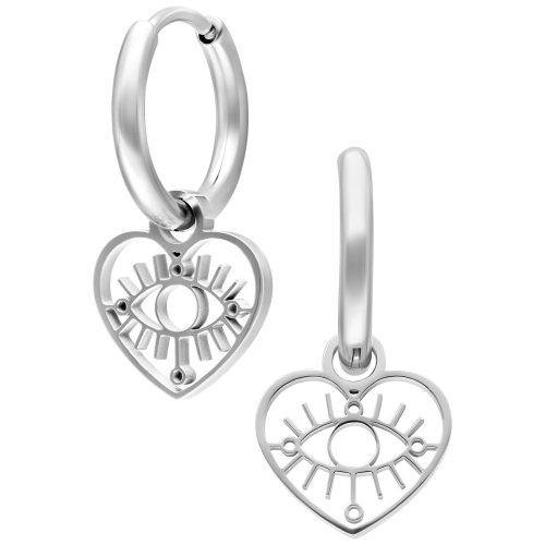Zwei silberne Creolen mit herzförmigem Anhänger und Auge-Design