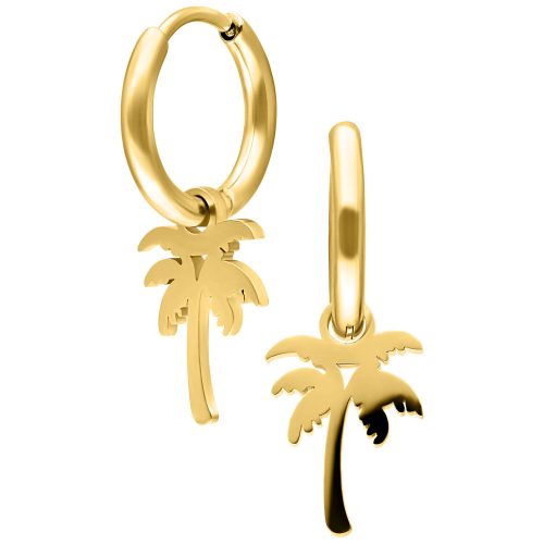 Zwei goldene Ohrringe mit Palmenanhängern auf weißem Hintergrund
