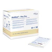 Verpackung von MaiMed puderfreien Latexhandschuhen auf weißem Hintergrund
