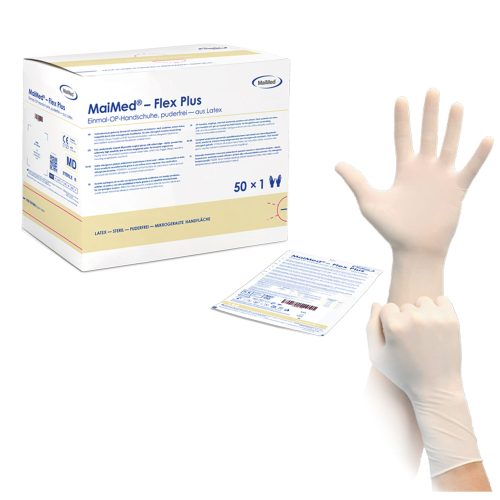 Weiße puderfreie Latexhandschuhe der Marke MaiMed neben Verpackung