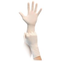 Zwei weiße, puderfreie Latexhandschuhe, ein Paar Hände, neutraler Hintergrund