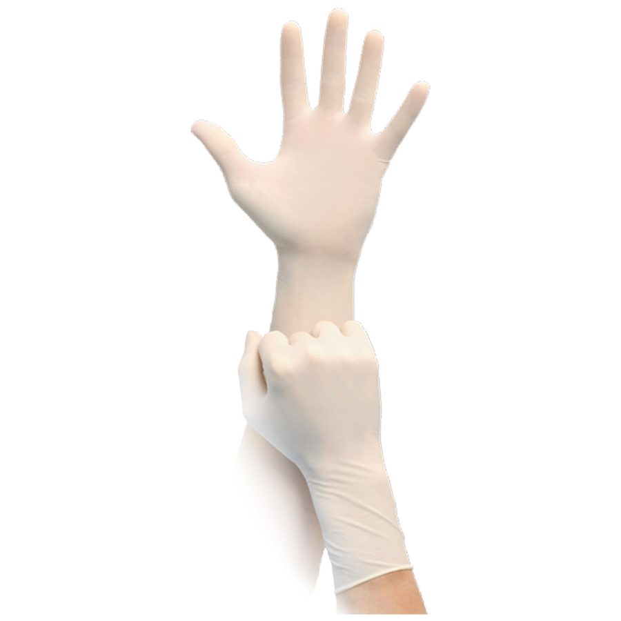 Zwei weiße, puderfreie Latexhandschuhe, ein Paar Hände, neutraler Hintergrund