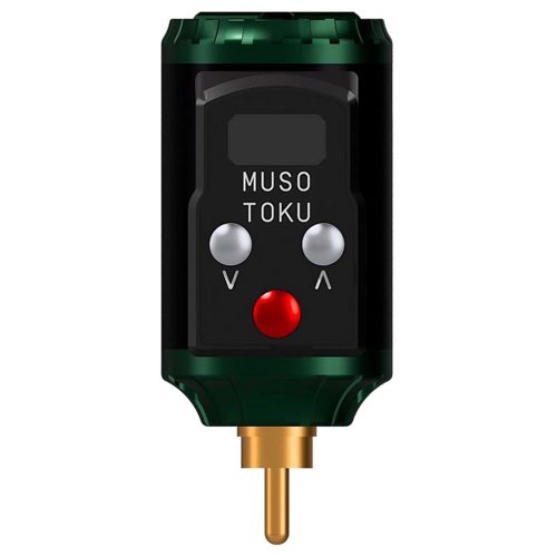 Grüner Rover R-1 RCA Akku-Pack mit schwarzem Display auf weißem Hintergrund