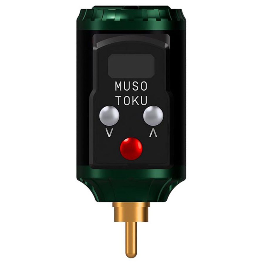 Grüner Rover R-1 RCA Akku-Pack mit schwarzem Display auf weißem Hintergrund