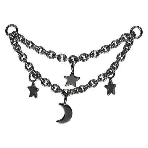 Schwarze Piercingkette mit Mond- und Sternanhängern auf weißem Hintergrund