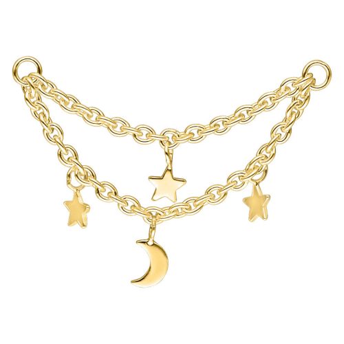 Goldene Piercingkette mit Mond- und Sternanhängern auf weißem Hintergrund
