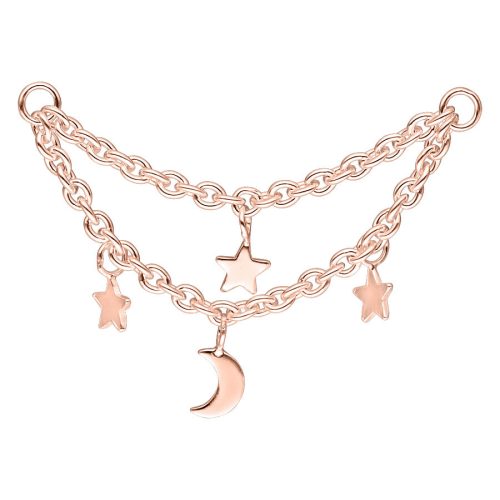 Roségoldene Piercingkette mit Mond und Sternen auf weißem Hintergrund