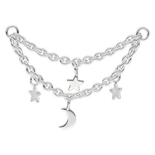 Zweireihige silberfarbene Piercingkette mit Mond und Sternen auf weißem Hintergrund