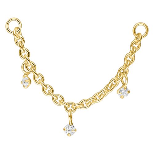 Goldene Piercingkette mit Kristallanhängern auf weißem Hintergrund
