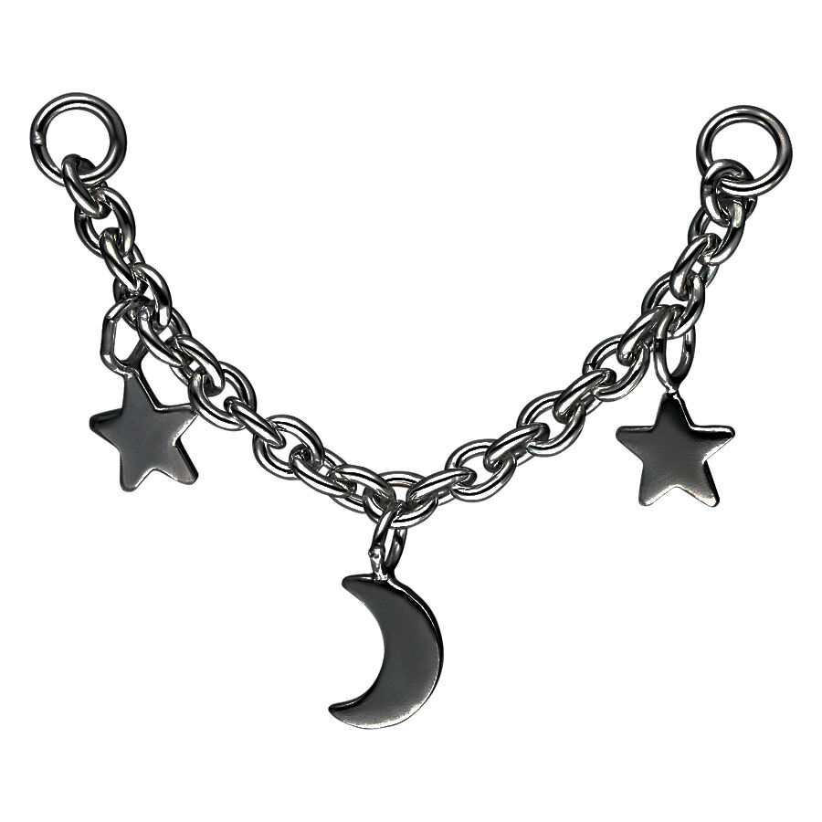 Schwarze Piercingkette mit Mond und Sternen auf weißem Hintergrund