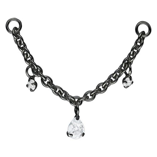Schwarze Metallkette mit kristallklaren Tropfenanhängern auf weißem Hintergrund