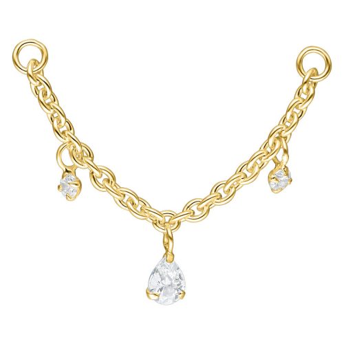 Goldene Kette mit hängenden kristallklaren Tropfen auf weißem Hintergrund