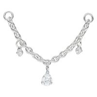 Silberne Piercingkette mit drei klaren Kristalltropfen auf weißem Hintergrund