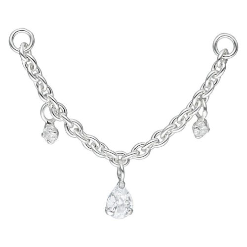 Silberne Piercingkette mit drei klaren Kristalltropfen auf weißem Hintergrund