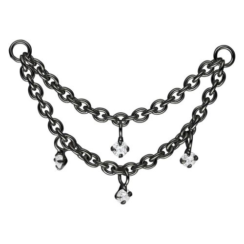 Schwarze, mehrlagige Piercingkette mit Kristallanhängern auf weißem Hintergrund