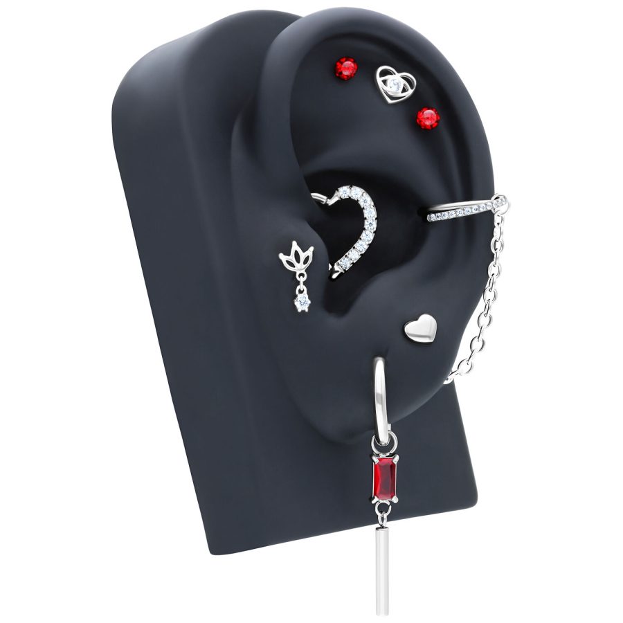 Silberne Piercingkette und Schmuck an schwarzem Ohrständer, rote Steine