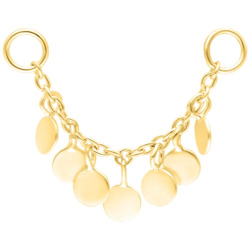 Goldene Piercingkette mit sieben Anhängern auf weißem Hintergrund