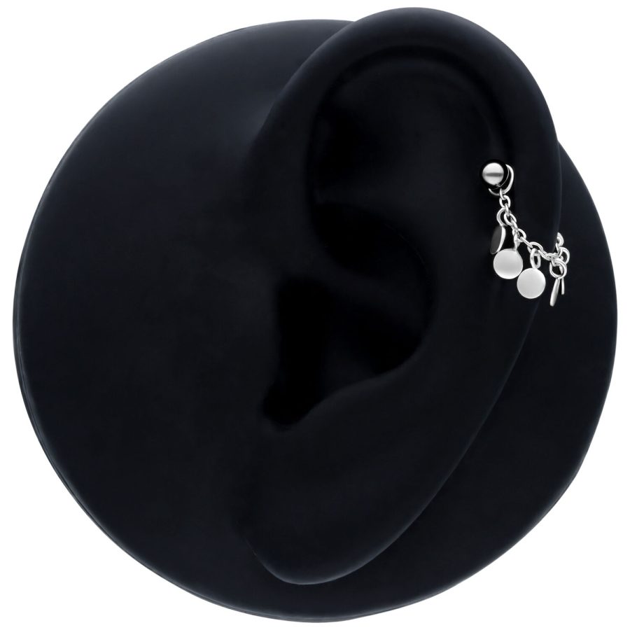 Schwarze Piercingkette aus Silber, 20 mm Länge, am Ohr
