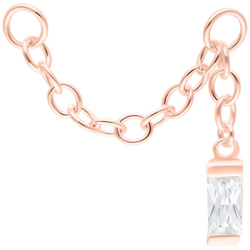 Roségoldene Piercingkette, 20 mm lang, mit hängendem Baguette-Kristall auf weißem Hintergrund