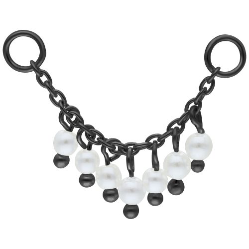 Schwarze Piercingkette mit weißen Perlen, Länge 20mm, auf weißem Hintergrund