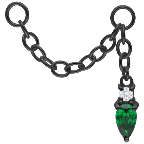 Schwarze Piercingkette mit smaragdgrünem Kristall auf weißem Hintergrund