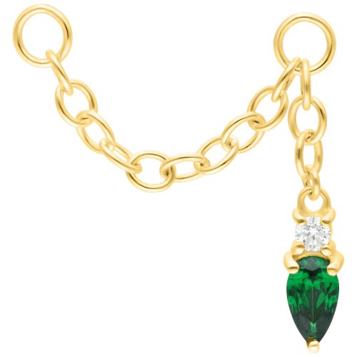 Goldene Piercingkette mit smaragdgrünem Kristall, 20mm lang auf weißem Hintergrund